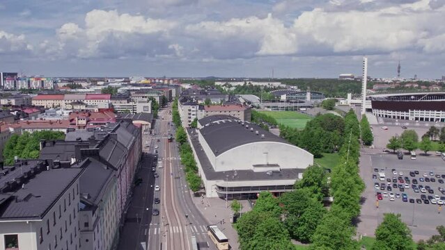 Aerial view of Central Helsinki. Mannerheim street, city Stadiums. Taka-Toolo neighborhood.