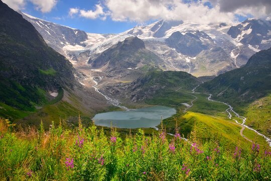 Alpine lake with glacial lake in summer, Steingletscher, Switzerland