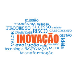 illustration of word cloud in portuguese about innovation: value, success, risc, process, idea.