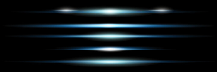Blue horizontal lens flares pack. Laser beams, horizontal light rays.Beautiful light flares. Glowing streaks on dark background. Luminous abstract sparkling lined background.