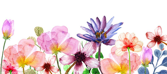 Banner con fiori delicati rosa e viola, dipinto ad acquerello isolato su sfondo bianco