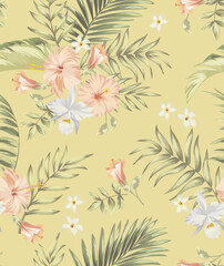 Fototapeta na wymiar Seamless tropical pattern with hibiscus, orchid palm leaves. Botanical exotic vector illustration. 