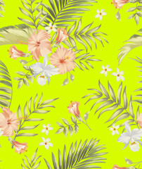Fototapeta na wymiar Seamless tropical pattern with hibiscus, orchid palm leaves. Botanical exotic vector illustration. 