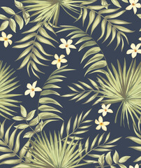 Obraz premium Green tropical palm leaves seamless vector pattern on the black background.Trendy summer print. 