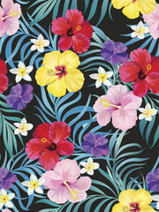 Seamless tropical pattern with hibiscus, orchid palm leaves. Botanical exotic vector illustration.	
