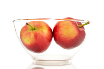 Two ripe sweet red apples in a glass bowl, close-up isolated on a white background.