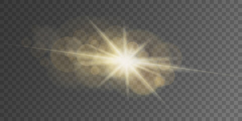 Vector golden light with glare. Sun, sun rays, dawn, glare from the sun png. Gold flare png, glare from flare png.