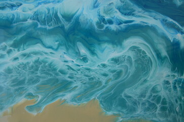 Epoxy resin art. Imitation of the sea. Sea foam. Modern trendy hobby. Macro photo. Pouring process
