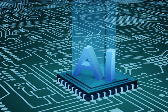 AI alphabetic letters placed on an electronic chip connecting to a motherboard. Illustration of the concept of artificial intelligence advanced processor.