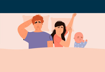 The family is sleeping. Dad, mom and baby are resting at night. Vector illustration in flat style