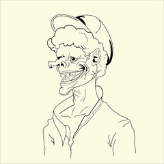  Sketch of a person.  Character potrait drawing. Creepy man wearing hat and shabby clothes. From my own hand made to digital vector. Usable for clothes design, logos, etc.