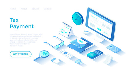 Tax payment. Online Tax form filling, return. Calculating payment check. Finance budget planning and accounting. Landing page template for web on white background.
