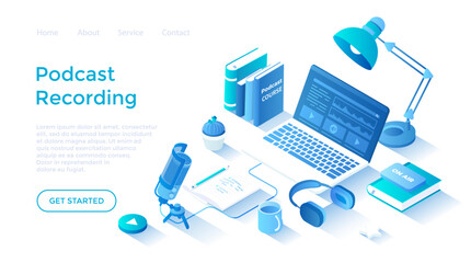 Recording Podcast. Radio host workplace with microphone, headphones, laptop. Audio recording, live streaming, broadcast. Landing page template for web on white background.