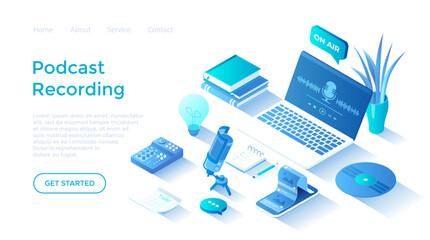 Recording Podcast. Online show, blogging, radio broadcasting, podcasting in internet website. Radio host workplace, microphone, headphones, mixer. Landing page template for web on white background.