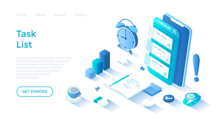 Checklist on smartphone screen. Task manager app. List of purchases, tasks, plans, to do, wish list. Landing page template for web on white background.