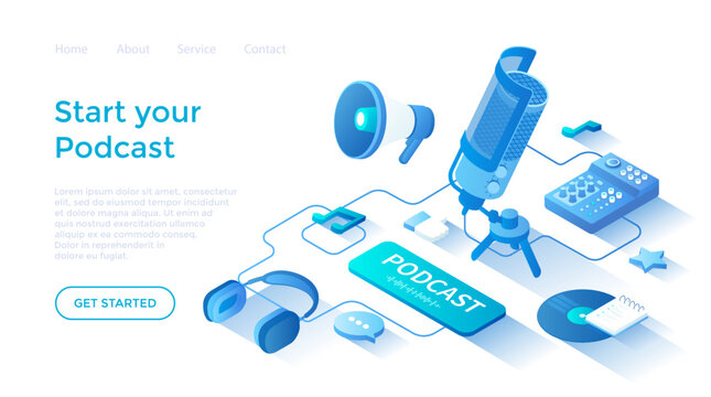 Start Your Podcast. Audio recording, live streaming, broadcast. Podcasting equipment and APP. Landing page template for web on white background.