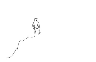 a young man with a backpack goes to the top and rejoices raising his hands down and looking at the skyline