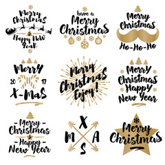 Christmas label set gold color style consisting of santa claus, deer, gift, snowflake, star, fir-tree and sunburst on white holiday background. Perfect for your decoration. Vector Illustration