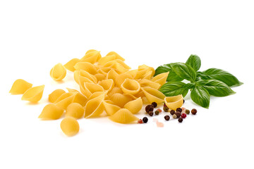 Conchiglie rigate. Raw striped shell pasta, isolated on white background.