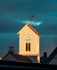Clock tower of Reykjavík Cathedral in the morning light