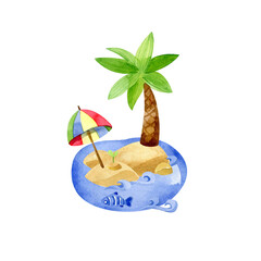 Watercolor illustration. Small uninhabited island with a palm tree and a sun umbrella, surrounded by a sea with waves and fish. Summer time illustration - 519445963