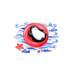 Watercolor illustration. A cute relaxed penguin lies on an inflatable ring surrounded by sea waves. Summer time illustration - 519445966