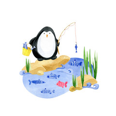 Summer time watercolor illustration. Сute penguin fisherman with a fishing rod and a bucket of fish, on a small island surrounded by water and reeds. - 519445968