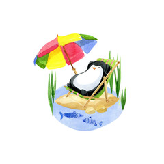 Watercolor illustration, Cute relaxed penguin in a chaise lounger under an umbrella on a small island surrounded by water and reeds, Summer time illustration. - 519445970