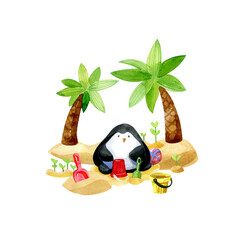Summer time watercolor illustration. Cute penguin on the sea beach with palm trees, playing in the sand. - 519445973