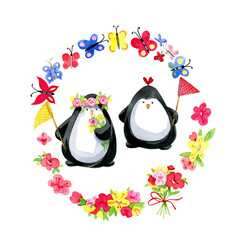 Pair of cute penguins with butterfly nets surrounded by a wreath of flowers and butterflies. Summer time watercolor illustration. - 519445974