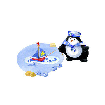 Watercolor illustration. Сute penguin dressed as a sailor, driving a toy boat in tow through the water
