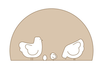 2 hens, a chick and an egg. Logo of farm chickens.