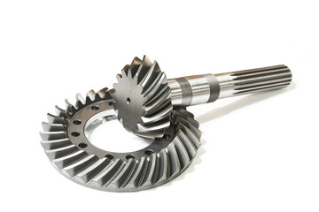 Shaft and gears metal spiral bevel isolated white
