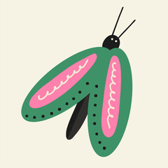 Bright hand-drawn butterfly, moth. Insect with beautiful wings, fauna, tropical insect. Flat design, cartoon.