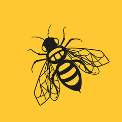 Honey bee on a yellow isolated background. Bumblebee with transparent wings. SVG file for cutting on a plotter..Vector illustration.