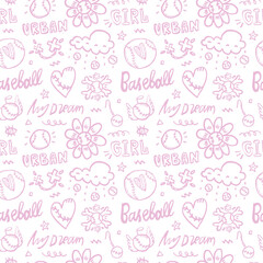 Vector baseball background, seamless sports pattern for textile. Girly design.