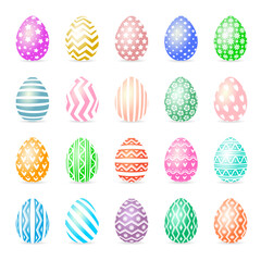 Egg set colorful style with different pattern isolated on white background for greeting card, promotion, party poster, tag, decoration, banner sale, stamp, label, special offer. Vector Illustration