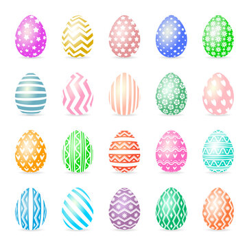 Egg set colorful style with different pattern isolated on white background for greeting card, promotion, party poster, tag, decoration, banner sale, stamp, label, special offer. Vector Illustration