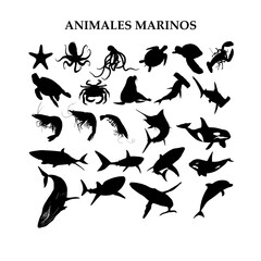 Animales marinos, silueta vectorial de animales acuáticos. - obrazy, fototapety, plakaty