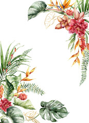 Watercolor tropical flowers border of heliconia, hibiscus, orchid and etlingera. Hand painted floral frame isolated on white background. Holiday Illustration for design, print, fabric or background.