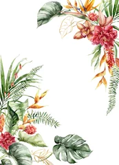 Gardinen Dschungel Watercolor tropical flowers border of heliconia, hibiscus, orchid and etlingera. Hand painted floral frame isolated on white background. Holiday Illustration for design, print, fabric or background.  © yuliya_derbisheva