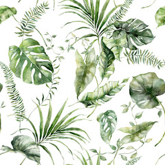 Watercolor tropical flowers seamless pattern of monstera, banana and fern. Hand painted leaves isolated on white background. Holiday floral Illustration for design, print, fabric or background.