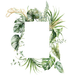 Watercolor tropical flowers frame of linear banana, gold monstera and fern. Hand painted border isolated on white background. Holiday floral Illustration for design, print, fabric or background. © yuliya_derbisheva