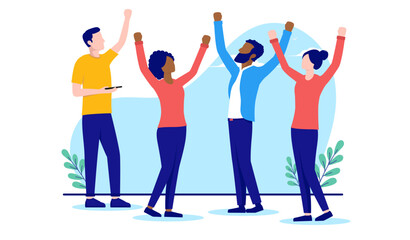 Diverse group of people cheering - Happy casual businesspeople of different ethnicities celebrating and being happy with raised hands. Flat design vector illustration with white background