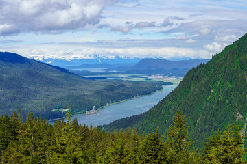 View of the river and airport of Juneau in Alaska as seen from Mt Roberts