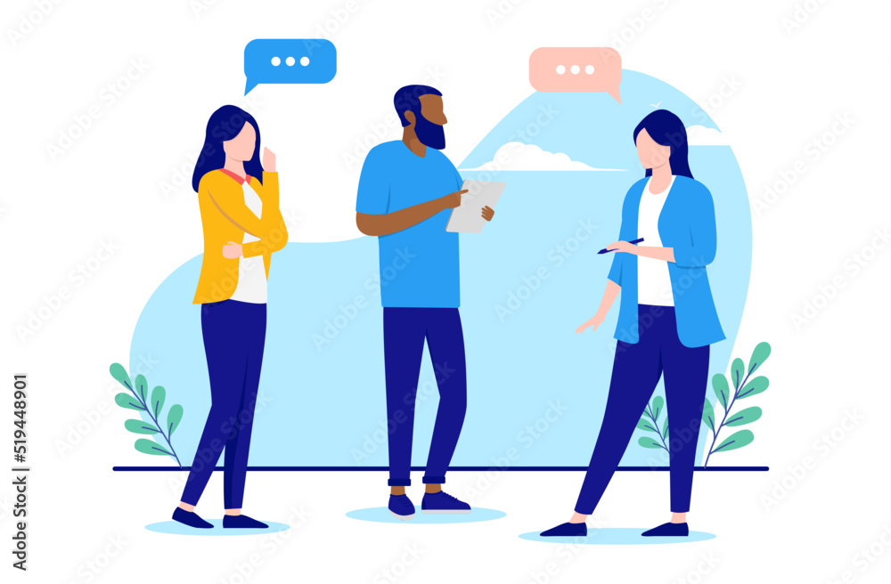Poster Work communication - Small group of businesspeople talking and having a dialogue. Flat design vector illustration with white background