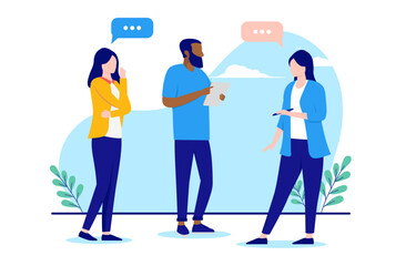 Work communication - Small group of businesspeople talking and having a dialogue. Flat design vector illustration with white background