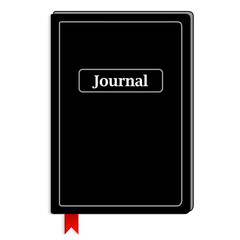 Personal Journal, day book, bullet book, diary, schedule, planner, travel log, black with red ribbon marker. Isolated on white background.