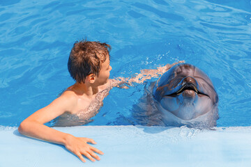 A portrait of a boy and dolphin in the swimming pool. Kid and dolphin communication. 