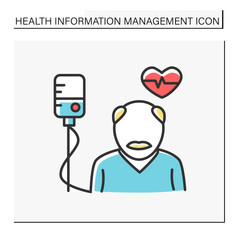 Health care color icon. Senior people treatment. Cardiogram and hospital dropper. Health information management concept. Isolated vector illustration